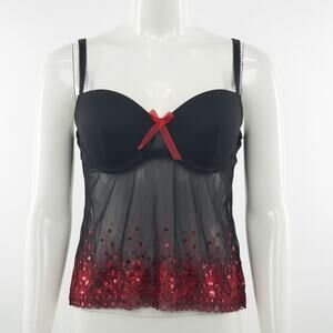 Frederick’s of Hollywood Bustier 34B Black Mesh Red Sequin Lace Trim Corset Top
